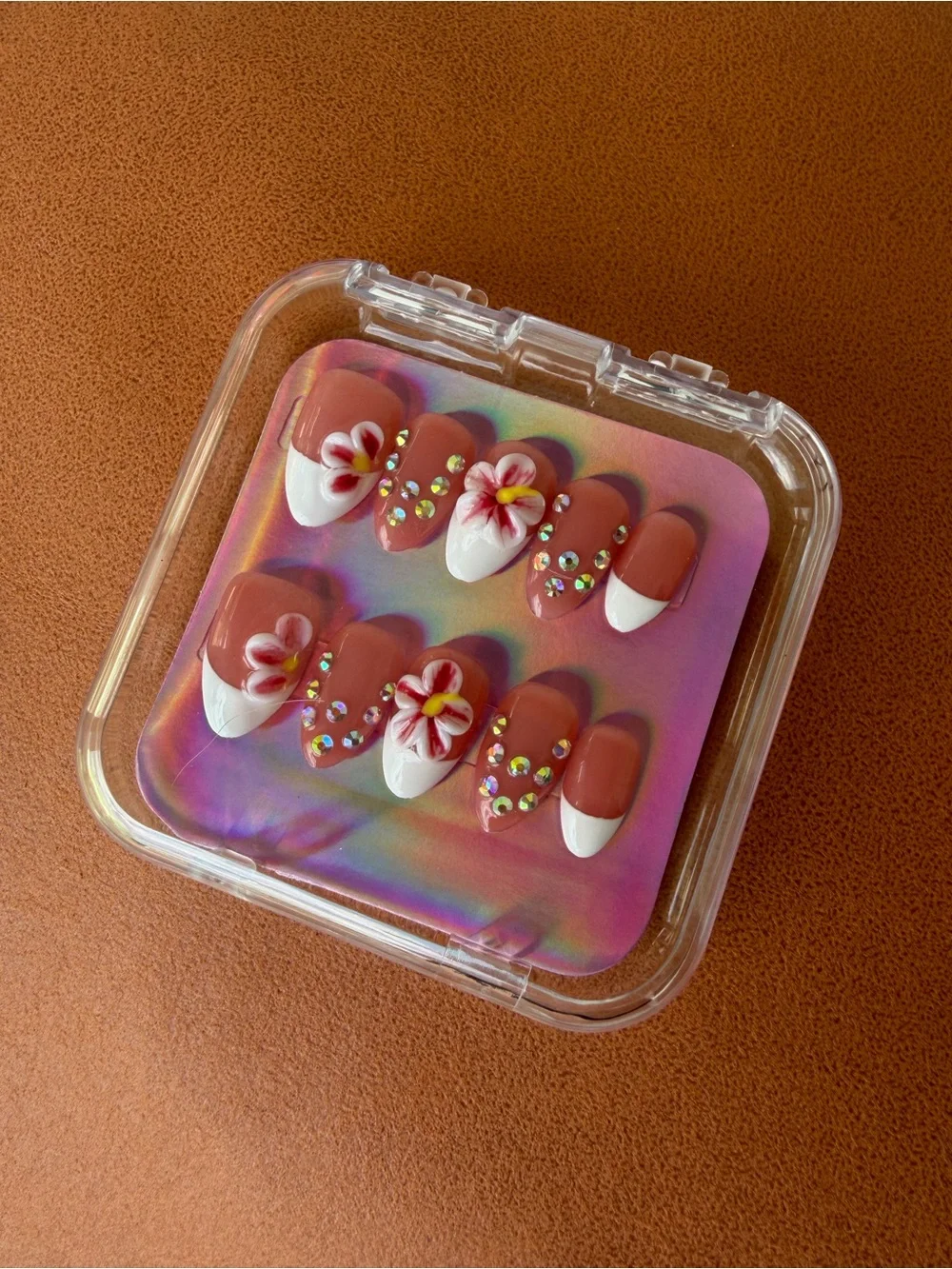 Clear Case Press-On Nail Set - Rose Brown with White Tips